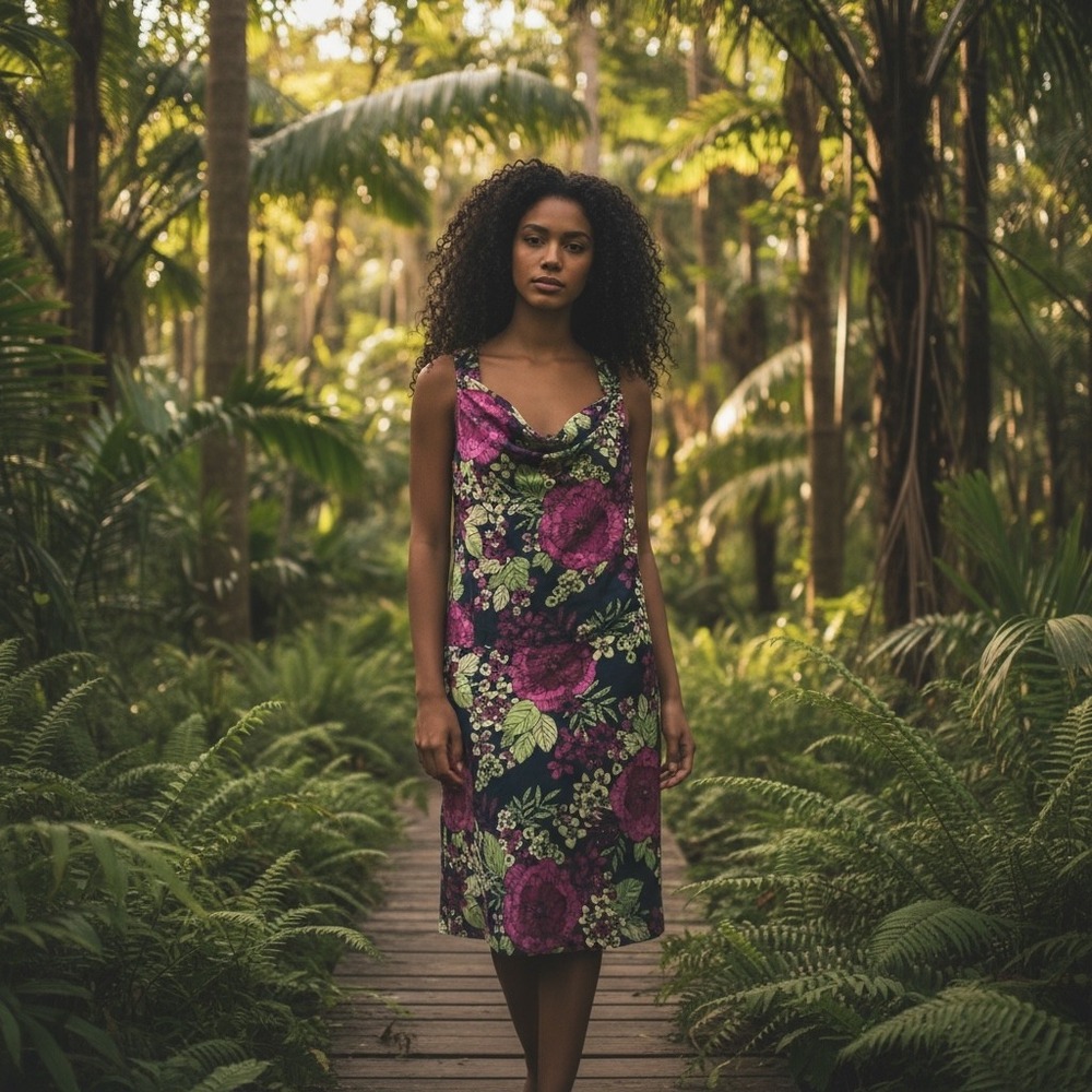 Zinni by Garnet Hill Floral Cowl Neck Sleeveless Dress Navy Pink Green Size S